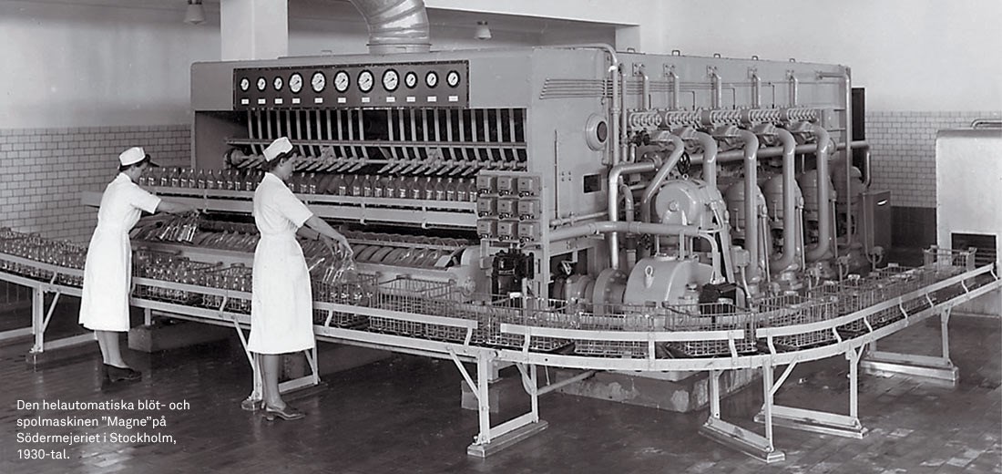 The fully automatic washing  and rinsing machine "Magne" at Södermejeriet in Stockholm in the 1930s